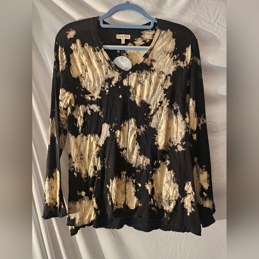 Paper Flower Trendy Tween Fashion Tie Dye V-Neck Long Sleeve Top - Egret Black